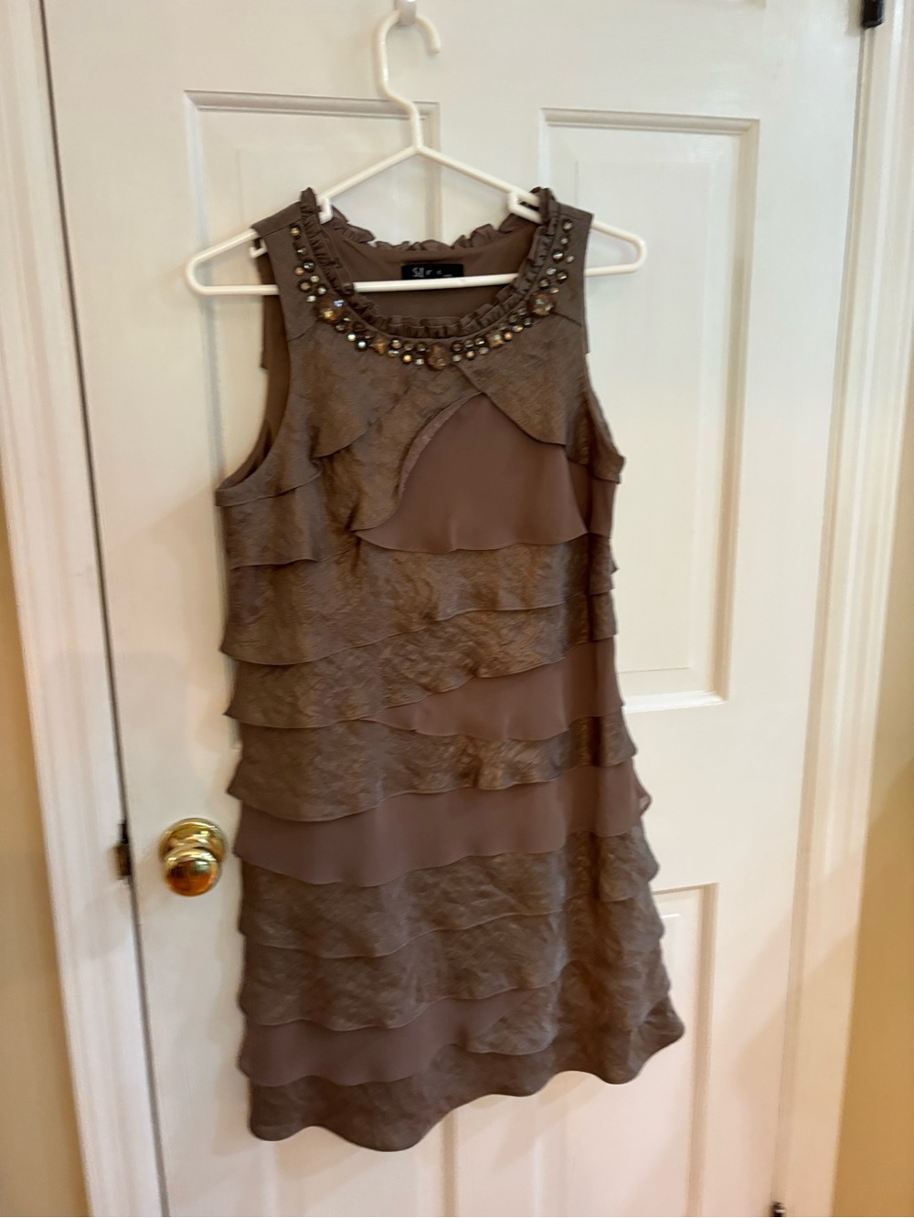 S.L. Fashions Taupe Sleeveless Ruffle Dress with Beaded Neckline
